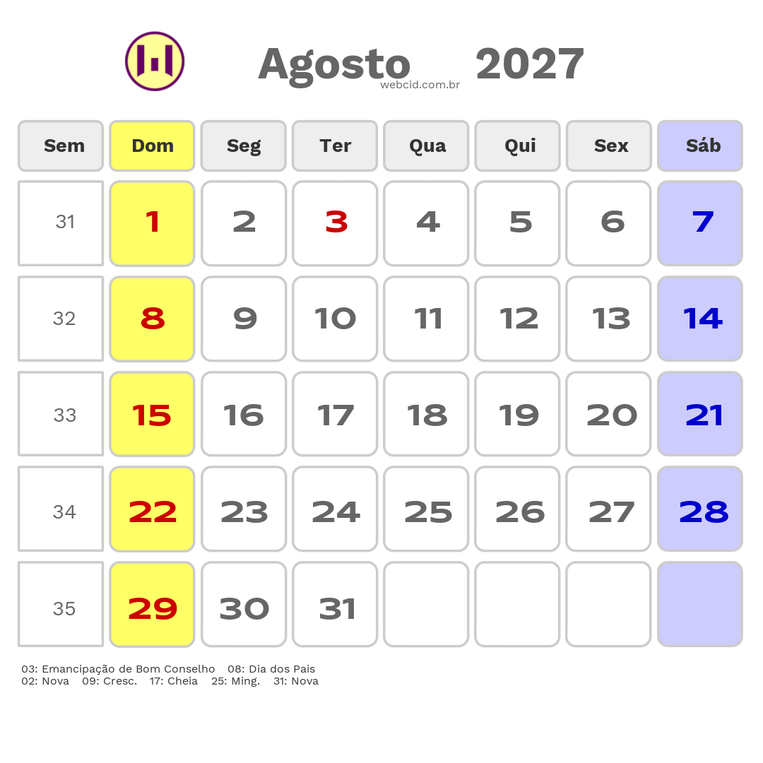 Calendário 2027 - Agosto - Bom Conselho-PE com feriados e fases da lua