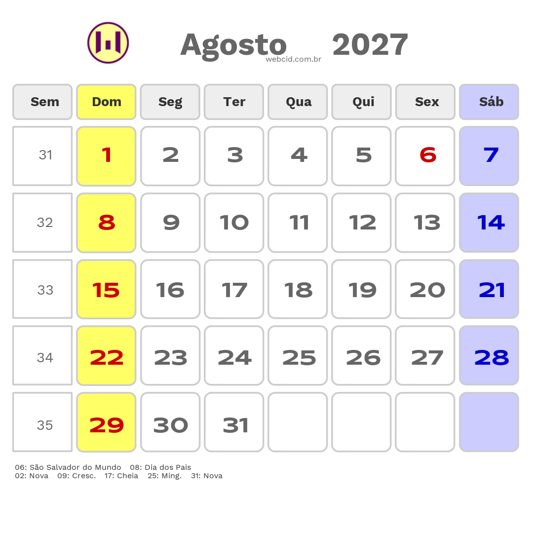 Calendário 2027 - Agosto - Olinda-PE com feriados e fases da lua