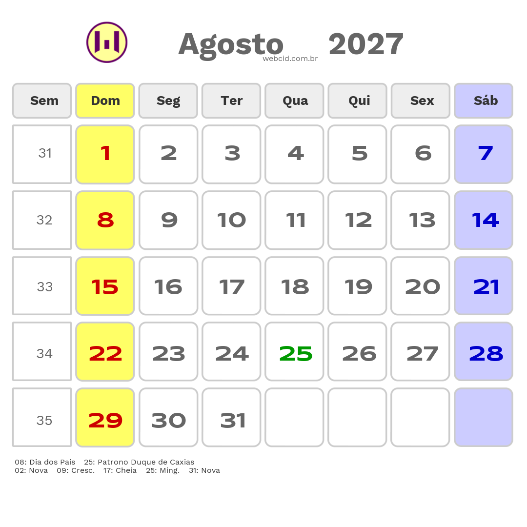 Calendário 2027 - Agosto - Duque de Caxias-RJ com feriados e fases da lua