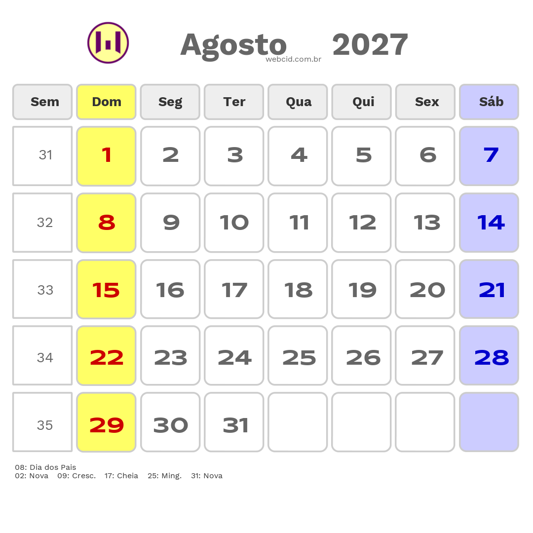 Calendário 2027 - Agosto - Natal-RN com feriados e fases da lua