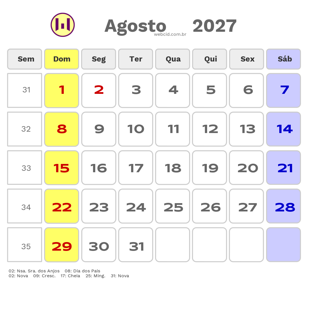 Calendário 2027 - Agosto - Gravataí-RS com feriados e fases da lua