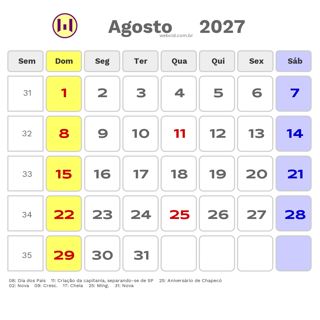 Calendário 2027 - Agosto - Chapecó-SC com feriados e fases da lua