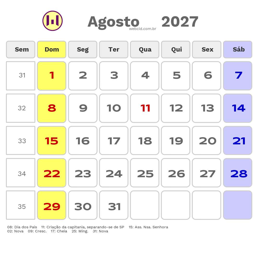 Calendário 2027 - Agosto - Descanso-SC com feriados e fases da lua