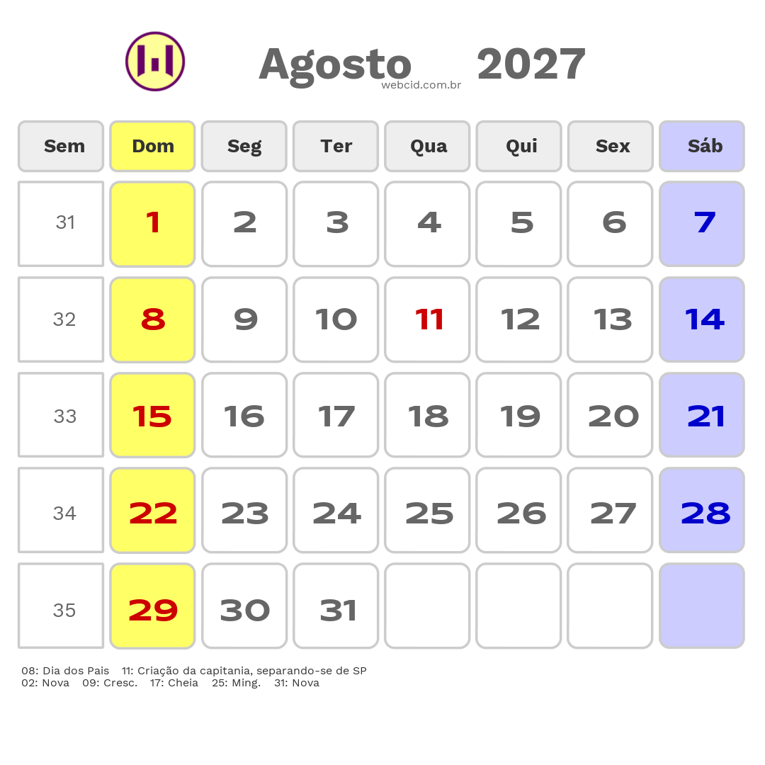 Calendário 2027 - Agosto - Itajaí-SC com feriados e fases da lua