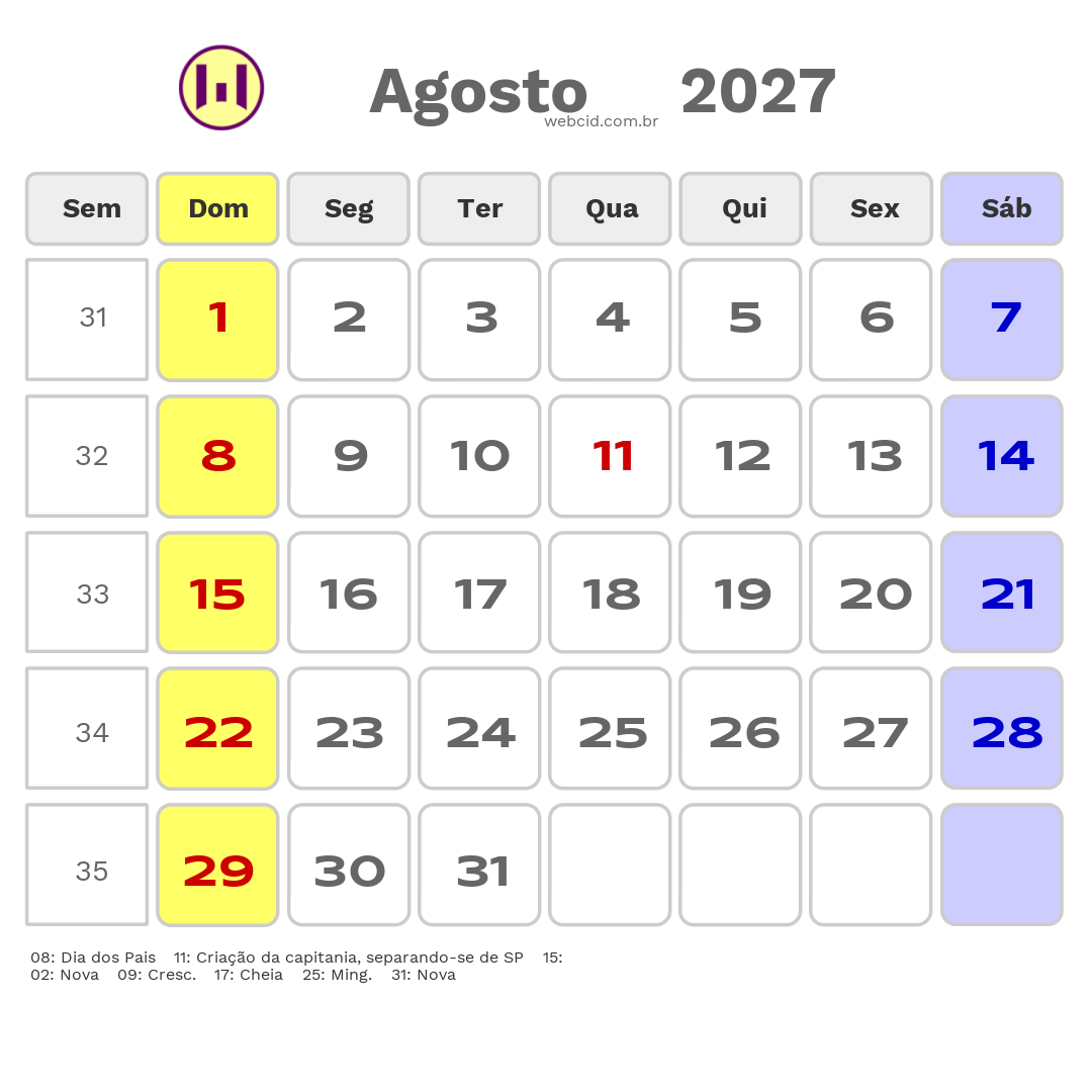 Calendário 2027 - Agosto - Meleiro-SC com feriados e fases da lua