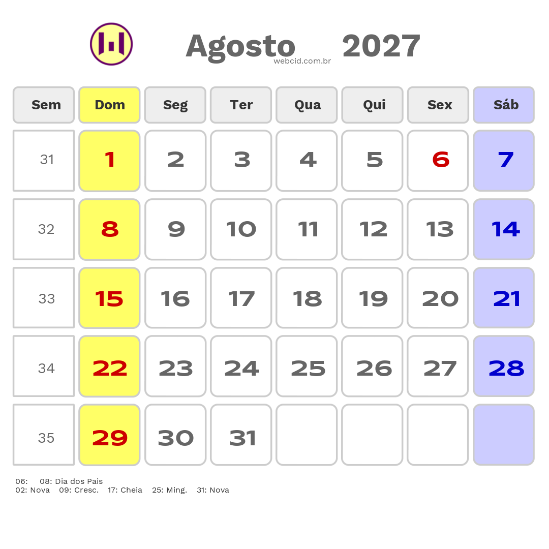 Calendário 2027 - Agosto - Batatais-SP com feriados e fases da lua