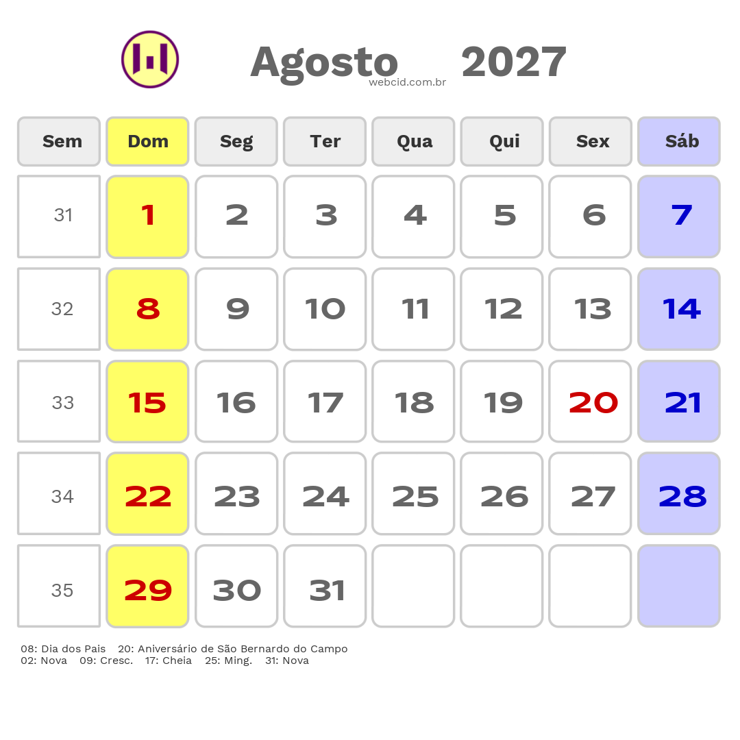 Calendário 2027 - Agosto - São Bernardo do Campo-SP com feriados e fases da lua