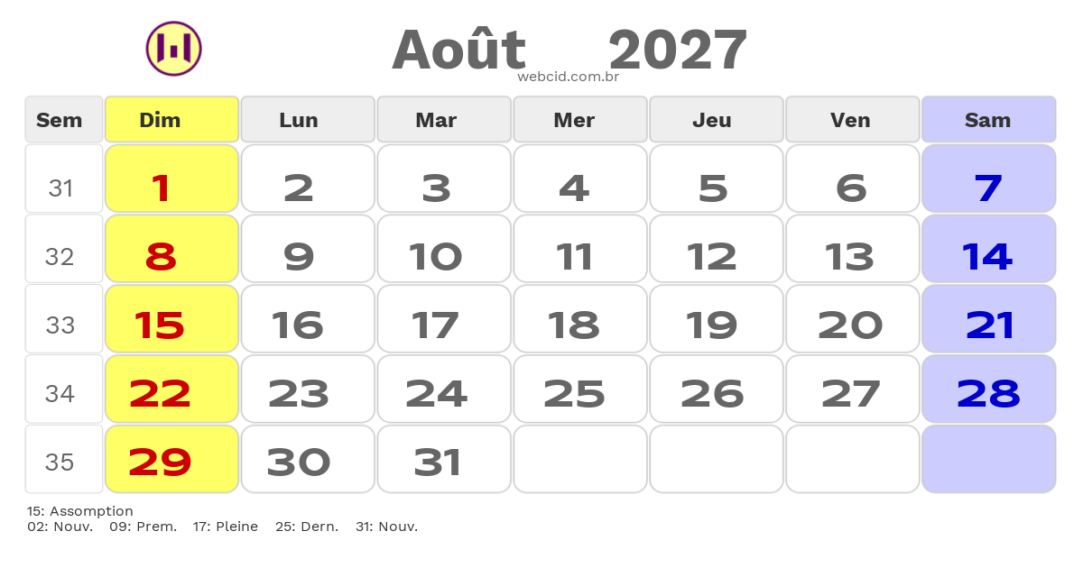 Calendrier 2027 - Août - La France com feriados e fases da lua