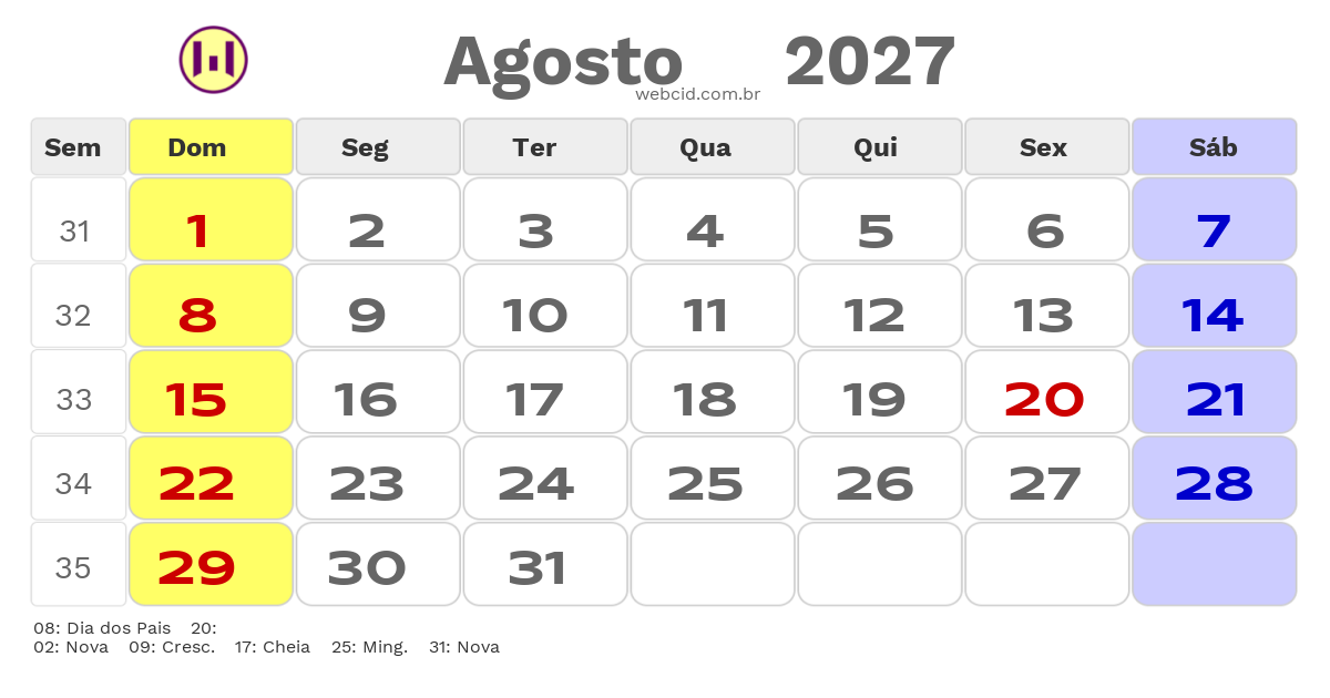 Calendário 2027 - Agosto - Catalao-GO com feriados e fases da lua