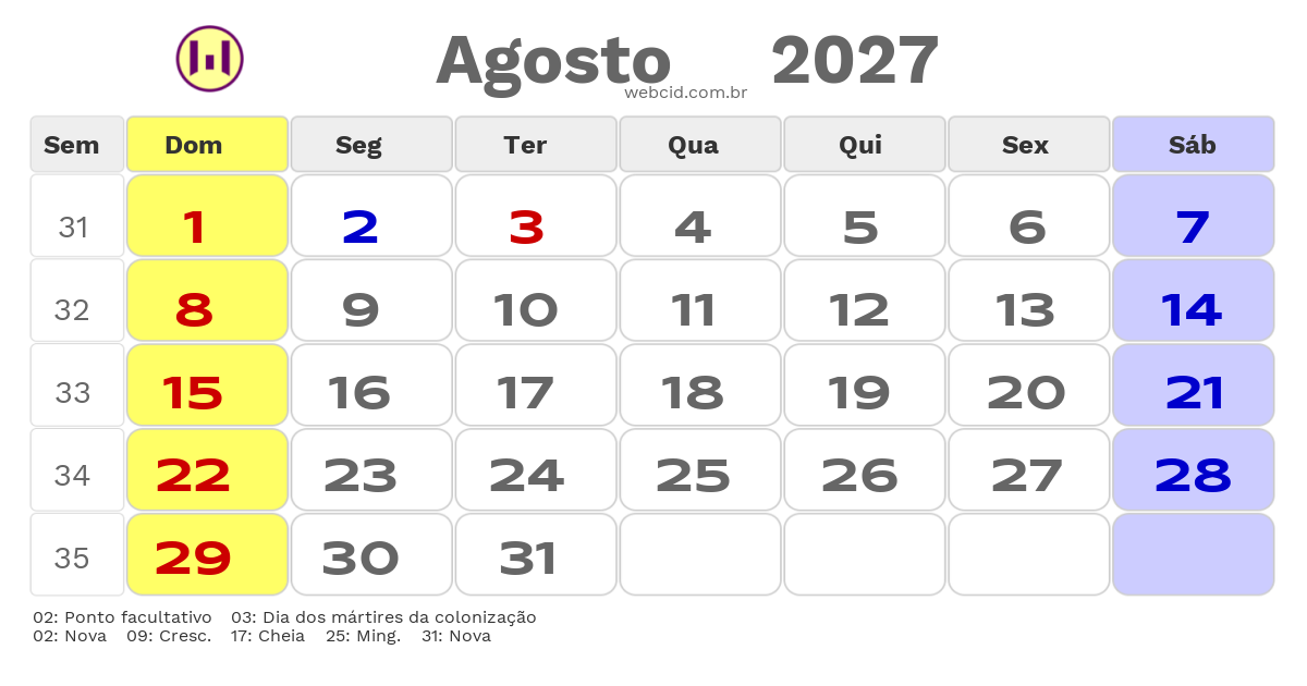 Calendário 2027 - Agosto - Guiné-Bissau com feriados e fases da lua