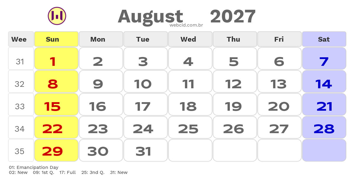 Calendar 2027 - August - Guyana com feriados e fases da lua