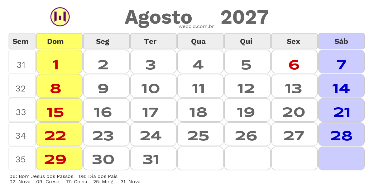 Calendário 2027 - Agosto - Passos-MG com feriados e fases da lua