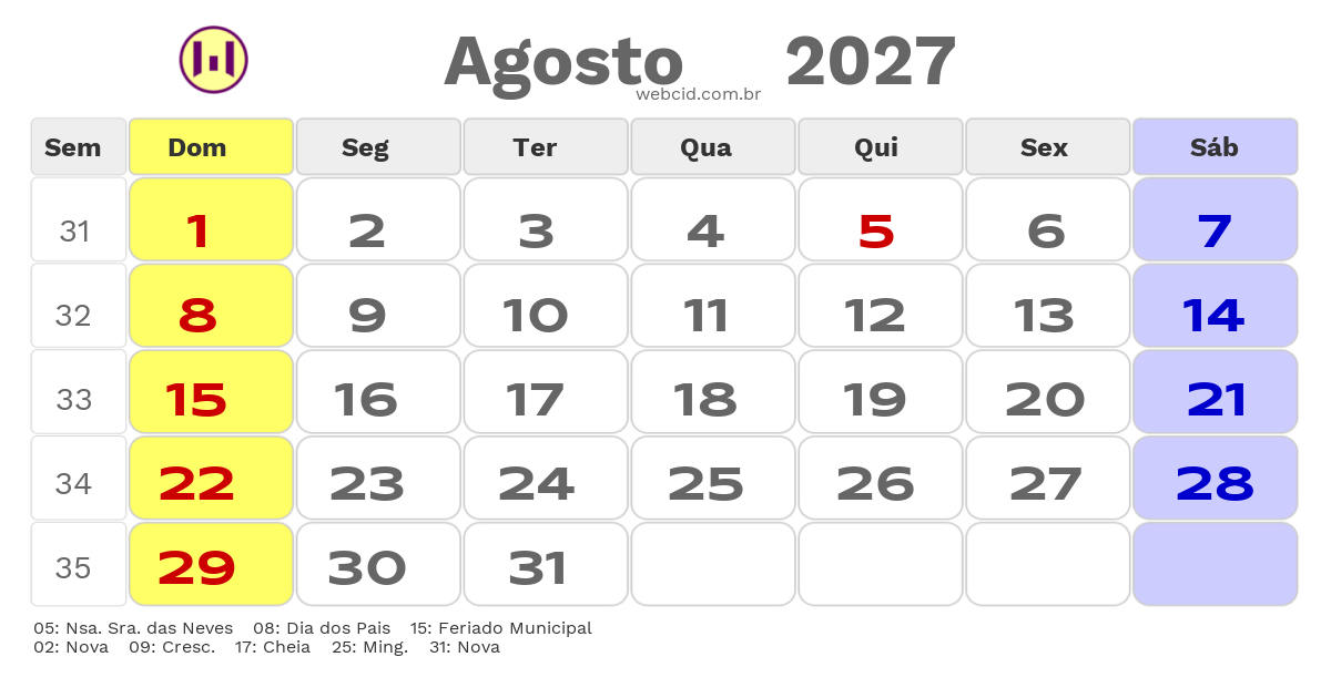 Calendário 2027 - Agosto - Ribeirão das Neves-MG com feriados e fases da lua