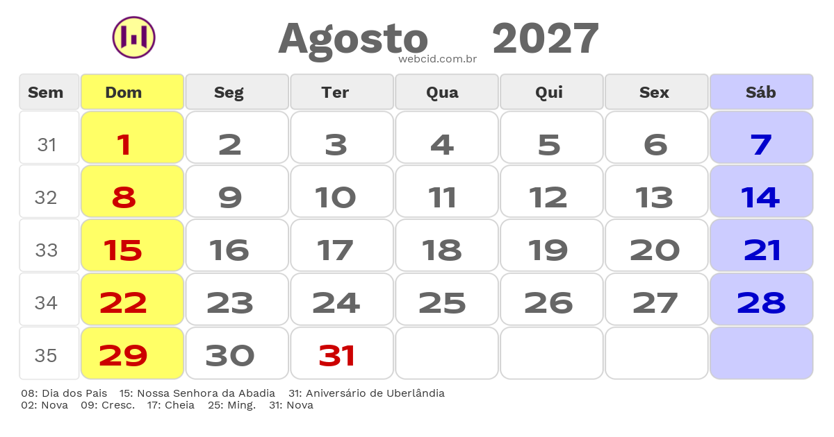 Calendário 2027 - Agosto - Uberlândia-MG com feriados e fases da lua