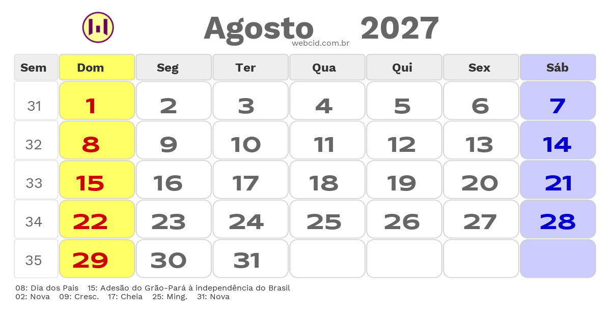 Calendário 2027 - Agosto - Belém-PA com feriados e fases da lua