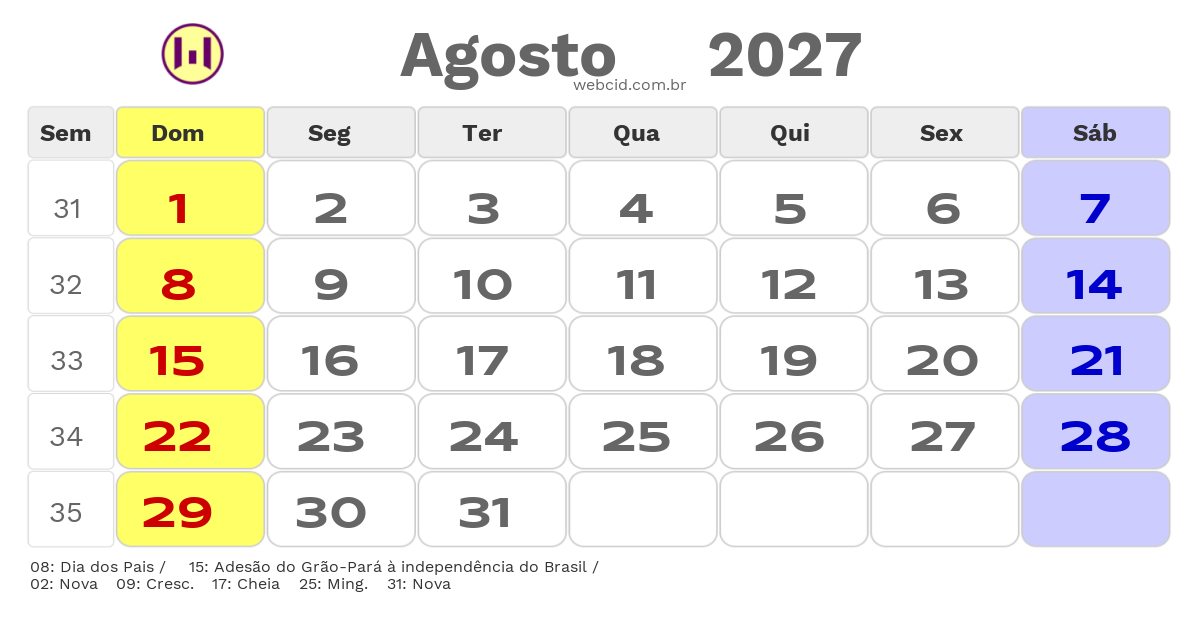 Calendário 2027 - Agosto - Sao Domingos do Capim-PA com feriados e fases da lua