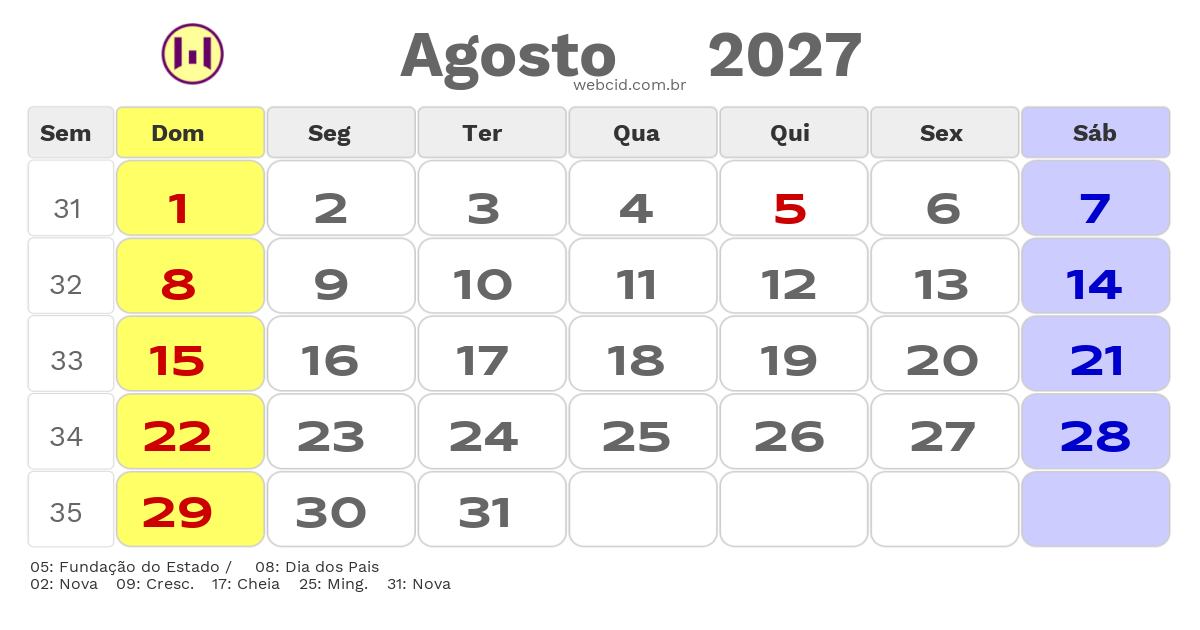 Calendário 2027 - Agosto - Jacarau-PB com feriados e fases da lua