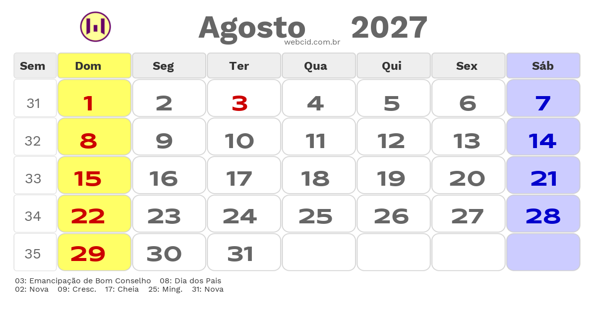 Calendário 2027 - Agosto - Bom Conselho-PE com feriados e fases da lua