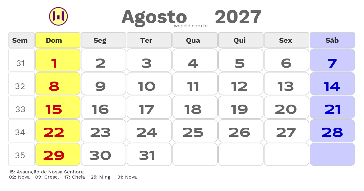 Calendário 2027 - Agosto - Portugal com feriados e fases da lua