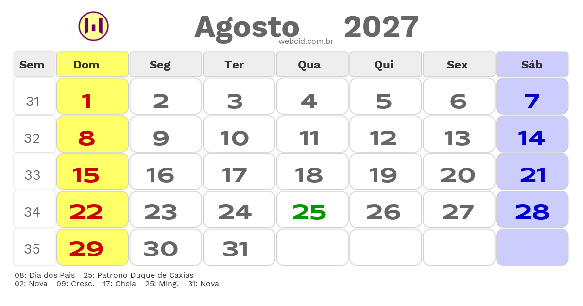 Calendário 2027 - Agosto - Duque de Caxias-RJ com feriados e fases da lua
