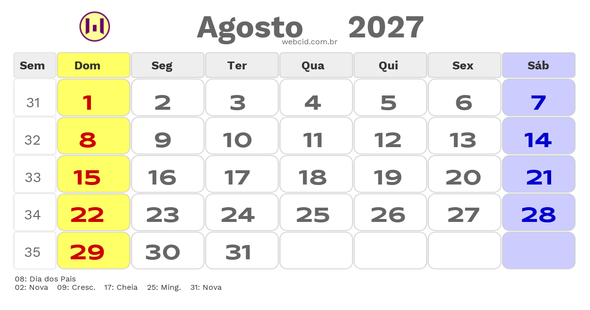 Calendário 2027 - Agosto - Natal-RN com feriados e fases da lua
