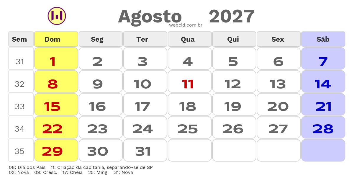 Calendário 2027 - Agosto - Itajaí-SC com feriados e fases da lua