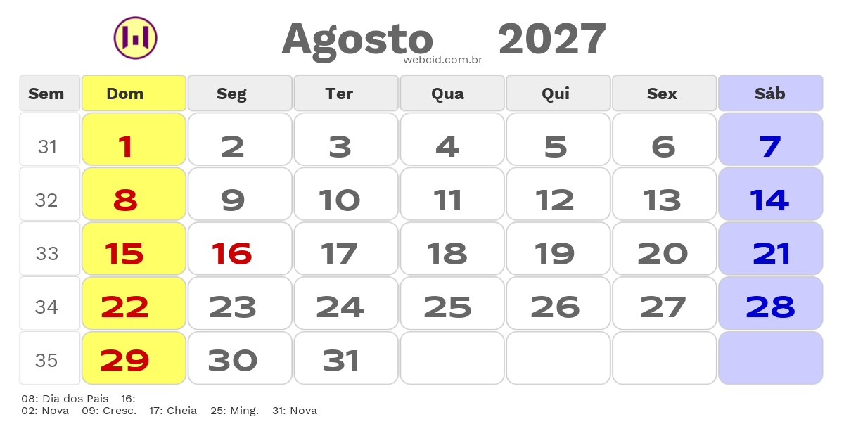 Calendário 2027 - Agosto - Boituva-SP com feriados e fases da lua