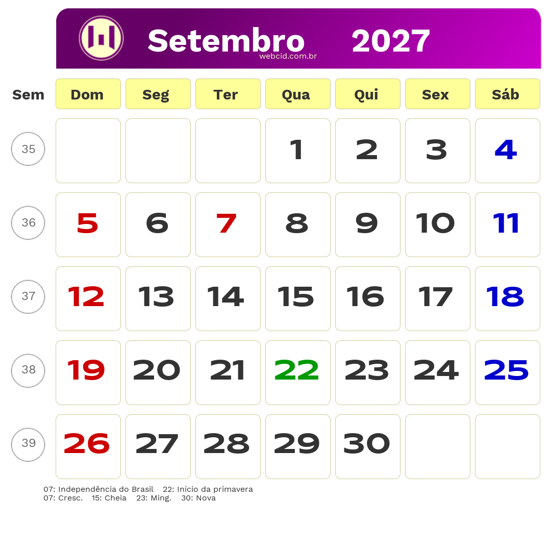 Calendário 2027 - Setembro - Brasil com feriados e fases da lua