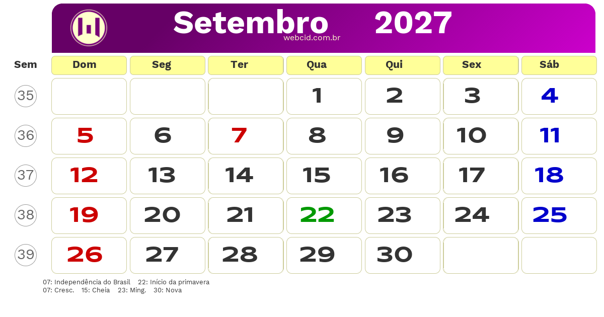 Calendário 2027 - Setembro - Brasil com feriados e fases da lua