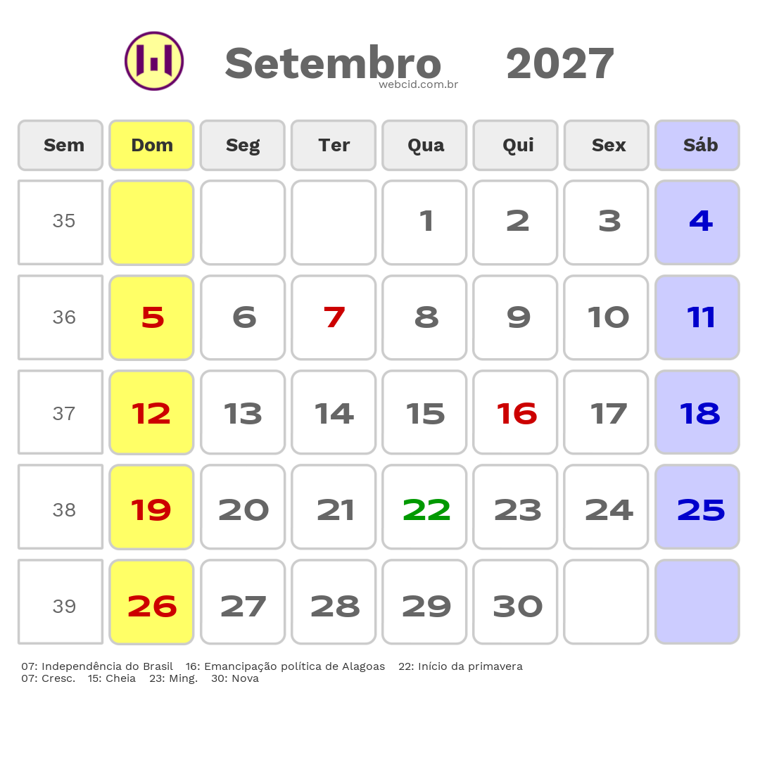 Calendário 2027 - Setembro - Alagoas com feriados e fases da lua