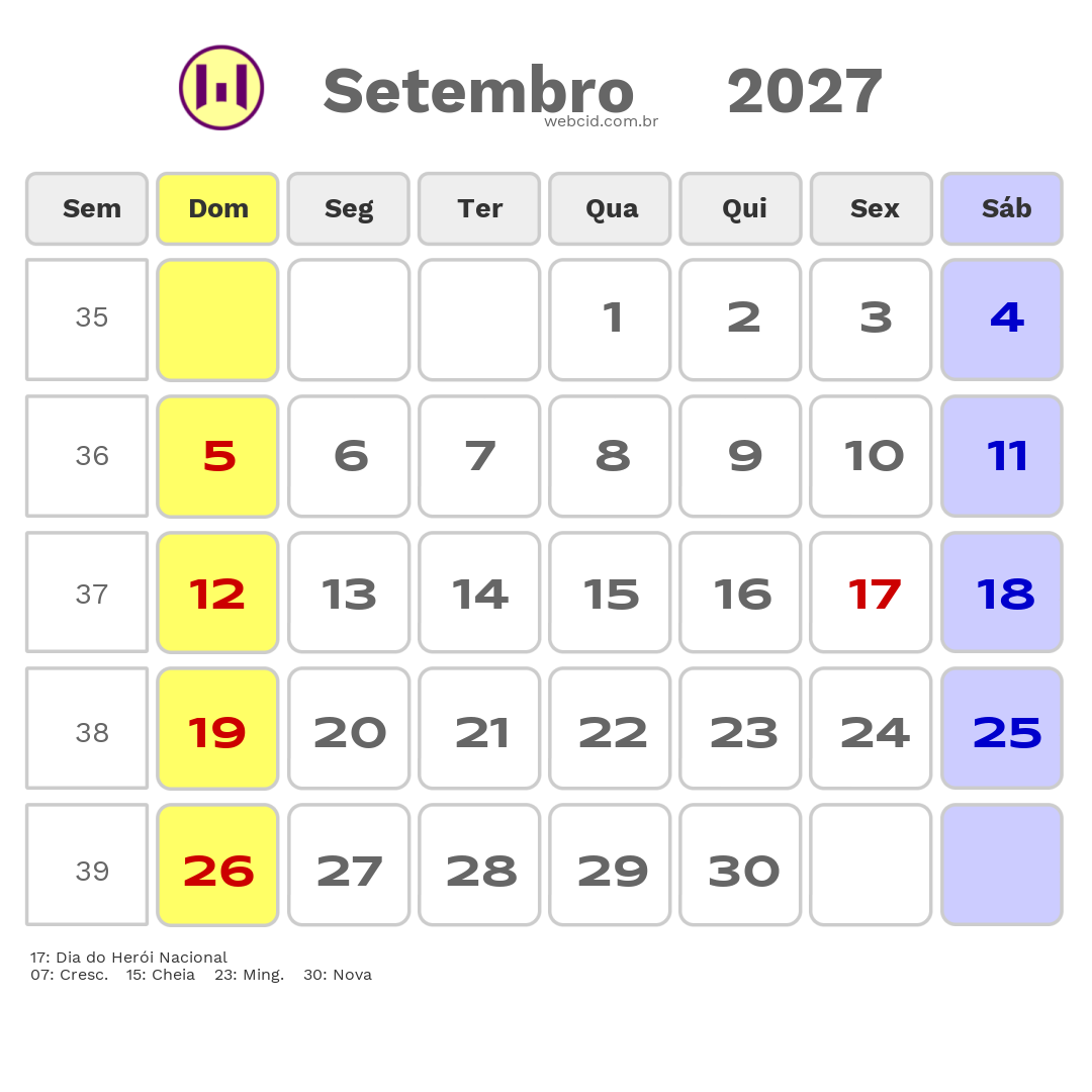 Calendário 2027 - Setembro - Angola com feriados e fases da lua