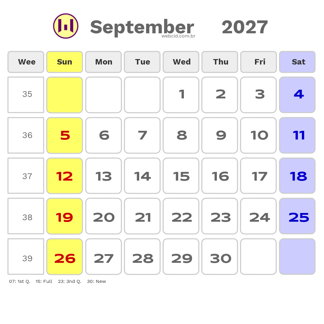 Calendar 2027 - September - Austrália com feriados e fases da lua