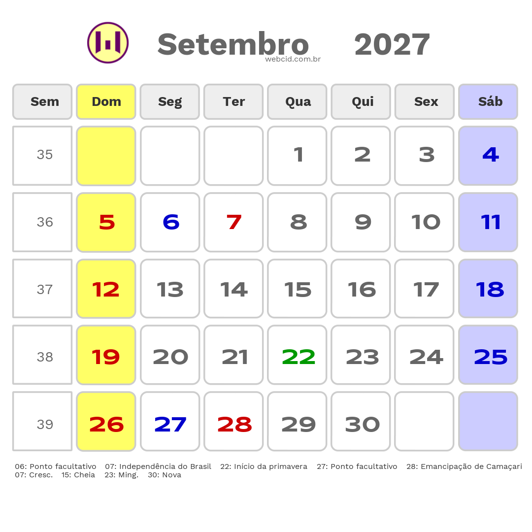 Calendário 2027 - Setembro - Camaçari-BA com feriados e fases da lua