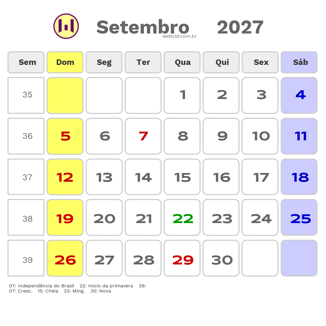 Calendário 2027 - Setembro - Itacare-BA com feriados e fases da lua