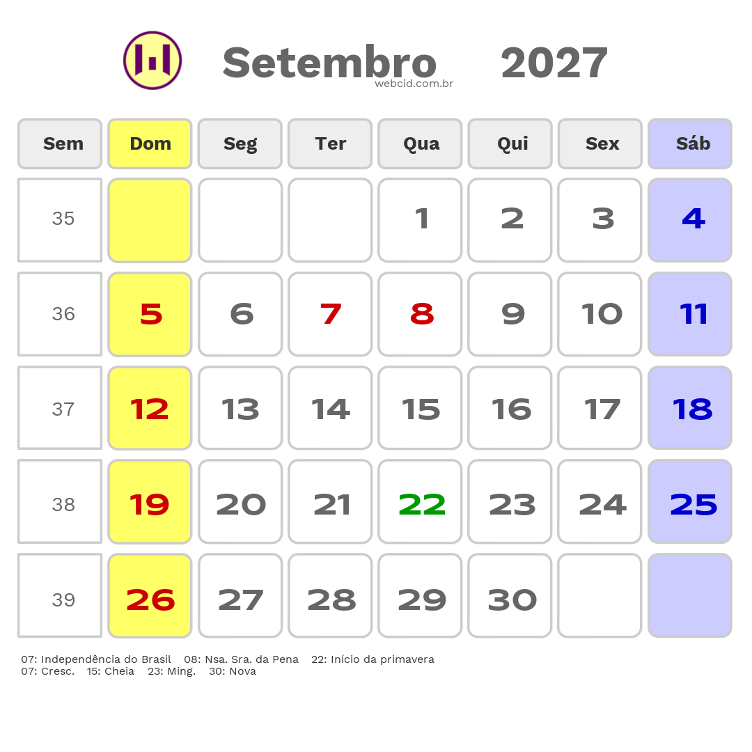 Calendário 2027 - Setembro - Porto Seguro-BA com feriados e fases da lua