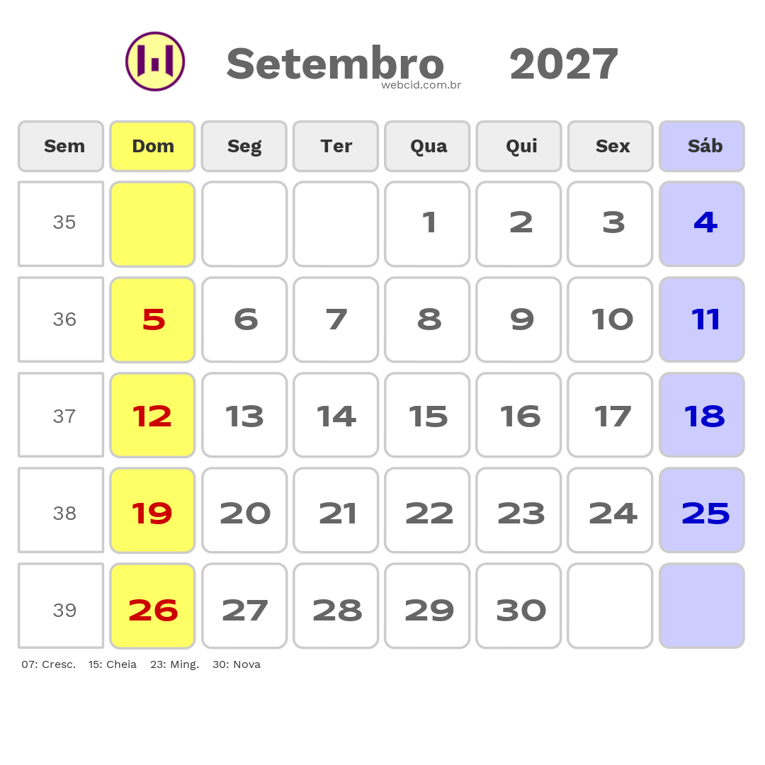 Calendário 2027 - Setembro - Cabo Verde com feriados e fases da lua