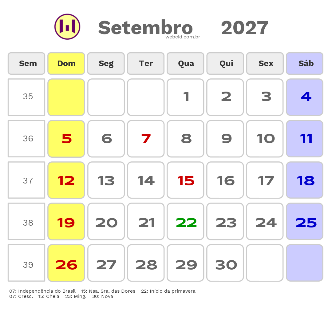 Calendário 2027 - Setembro - Juazeiro do Norte-CE com feriados e fases da lua