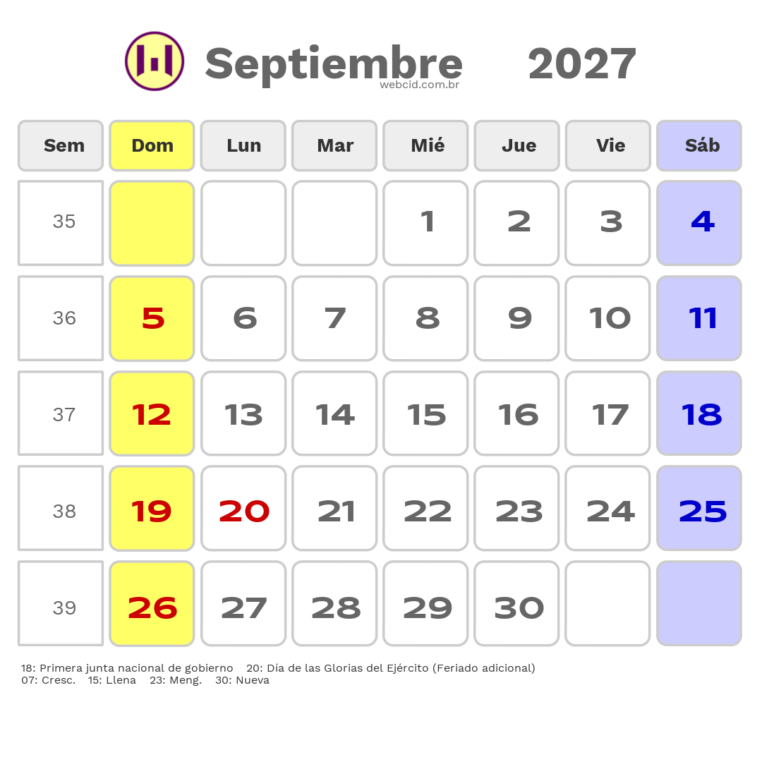 Calendario 2027 - Septiembre - Chile com feriados e fases da lua