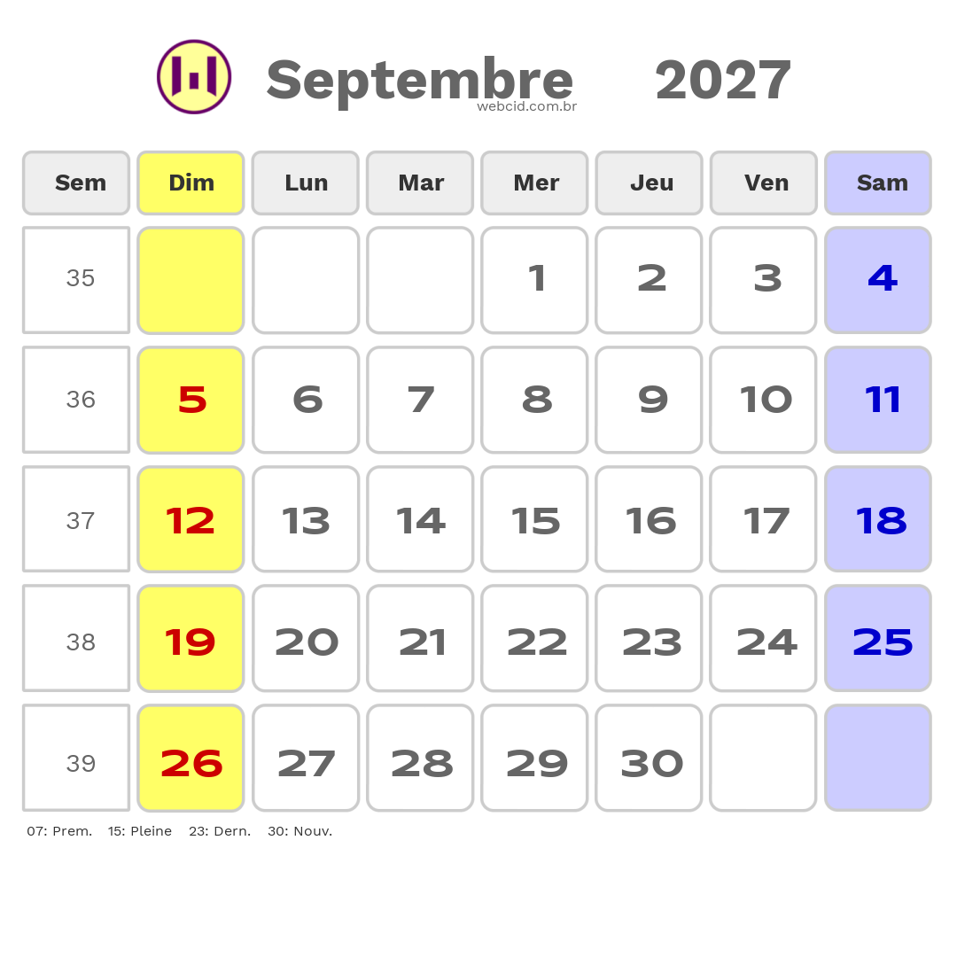 Calendrier 2027 - Septembre - La France com feriados e fases da lua