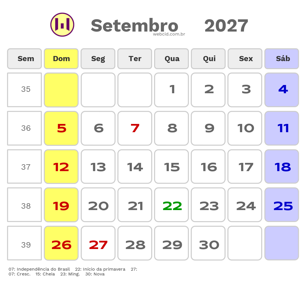 Calendário 2027 - Setembro - Goianesia-GO com feriados e fases da lua