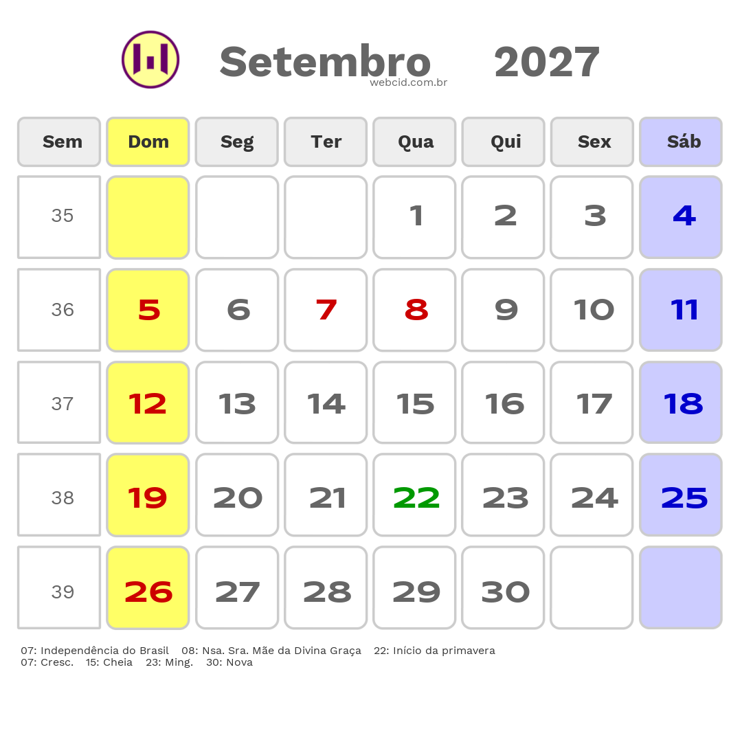 Calendário 2027 - Setembro - Paranaíba-MS com feriados e fases da lua