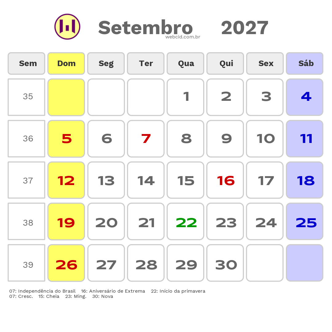 Calendário 2027 - Setembro - Extrema-MG com feriados e fases da lua
