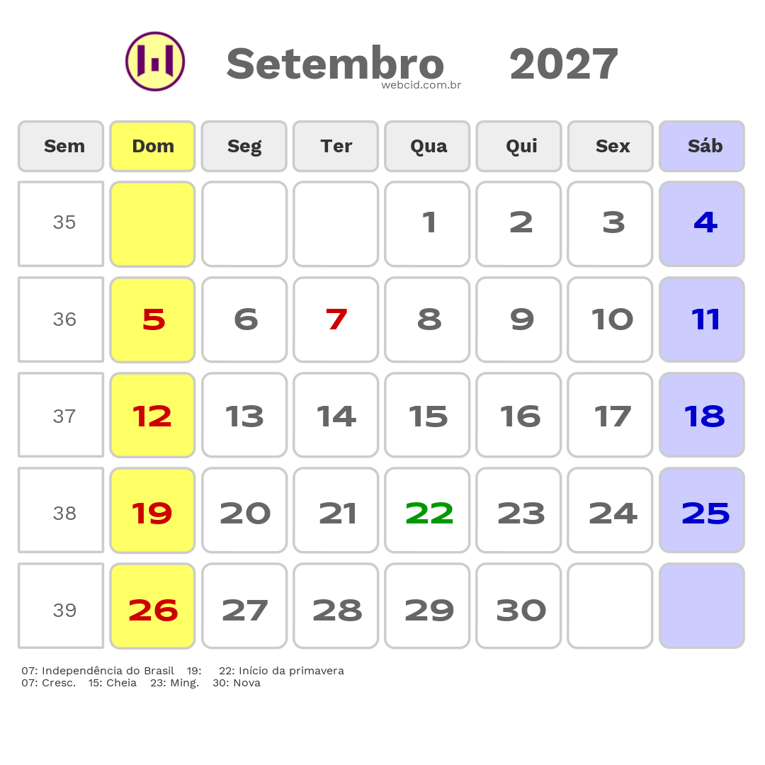 Calendário 2027 - Setembro - Oliveira-MG com feriados e fases da lua