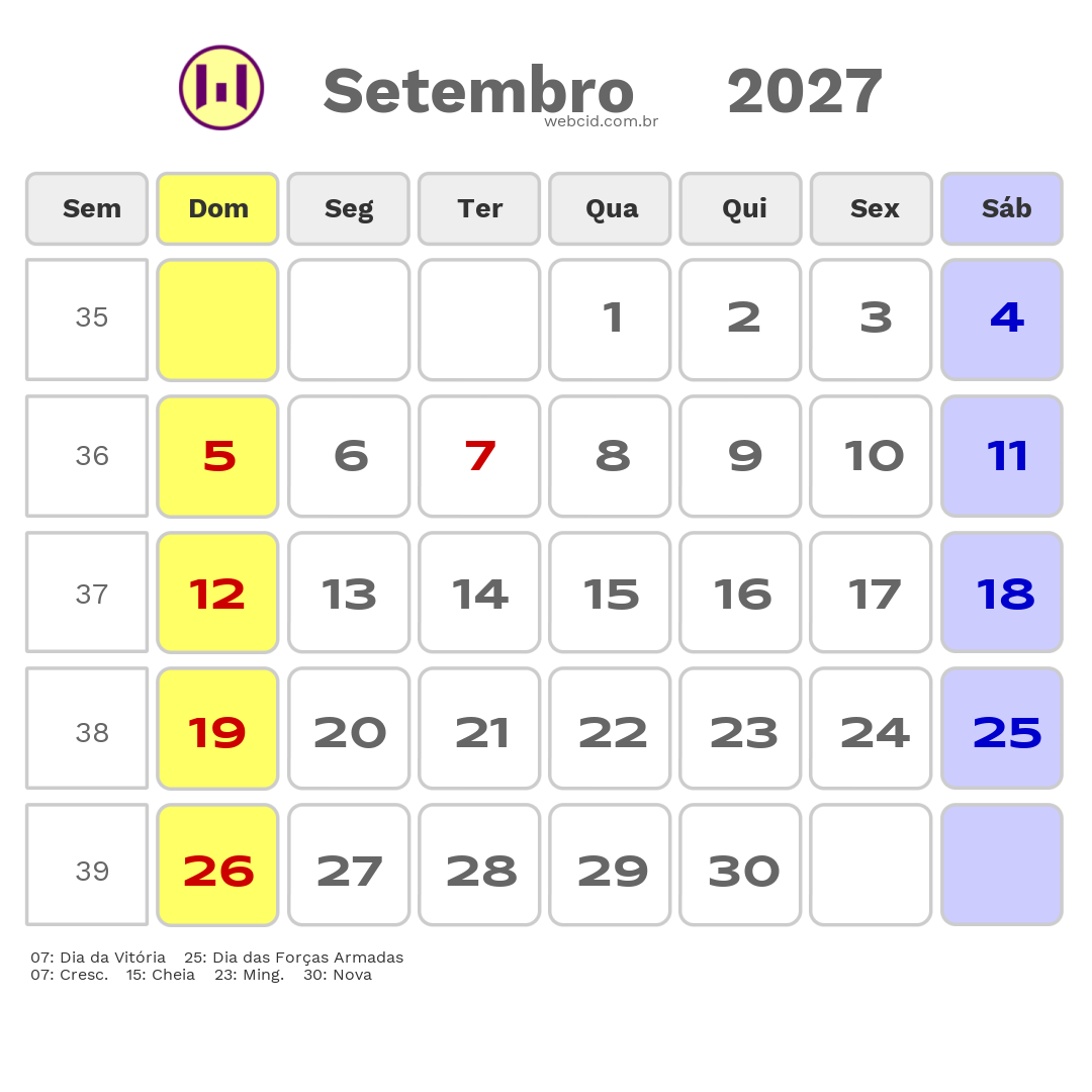 Calendário 2027 - Setembro - Moçambique com feriados e fases da lua