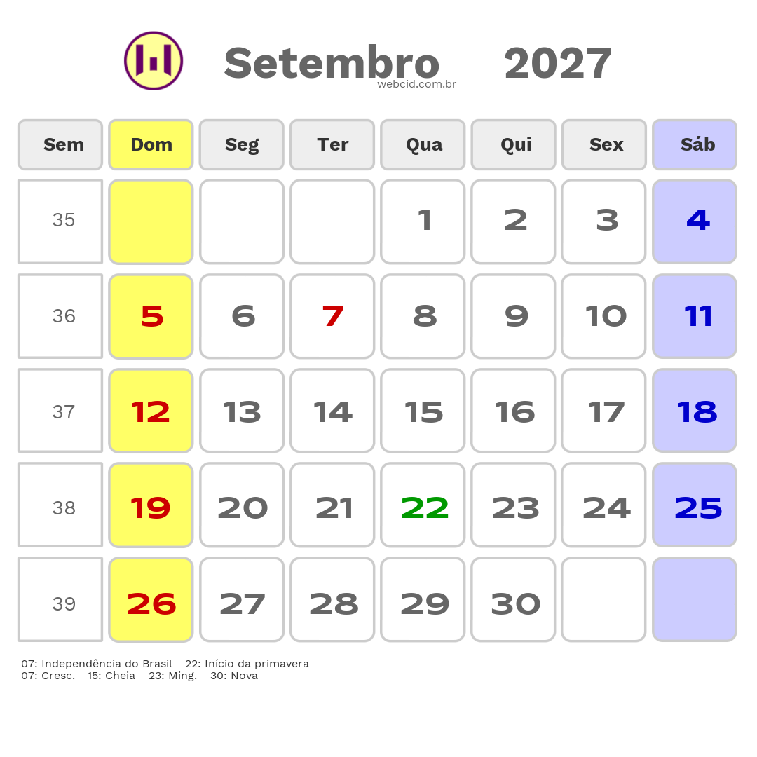 Calendário 2027 - Setembro - Jacarau-PB com feriados e fases da lua