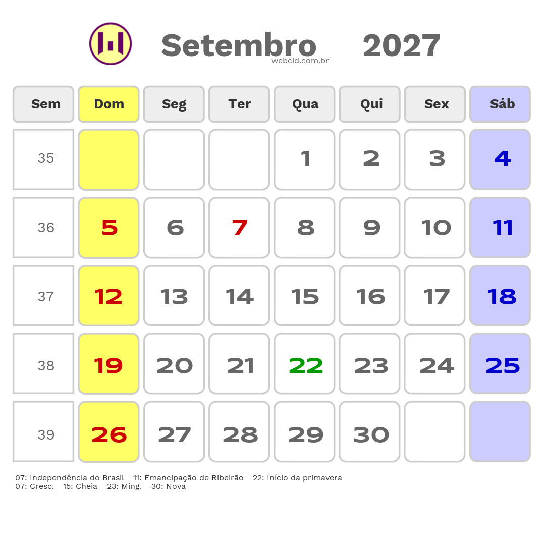 Calendário 2027 - Setembro - Ribeirão-PE com feriados e fases da lua