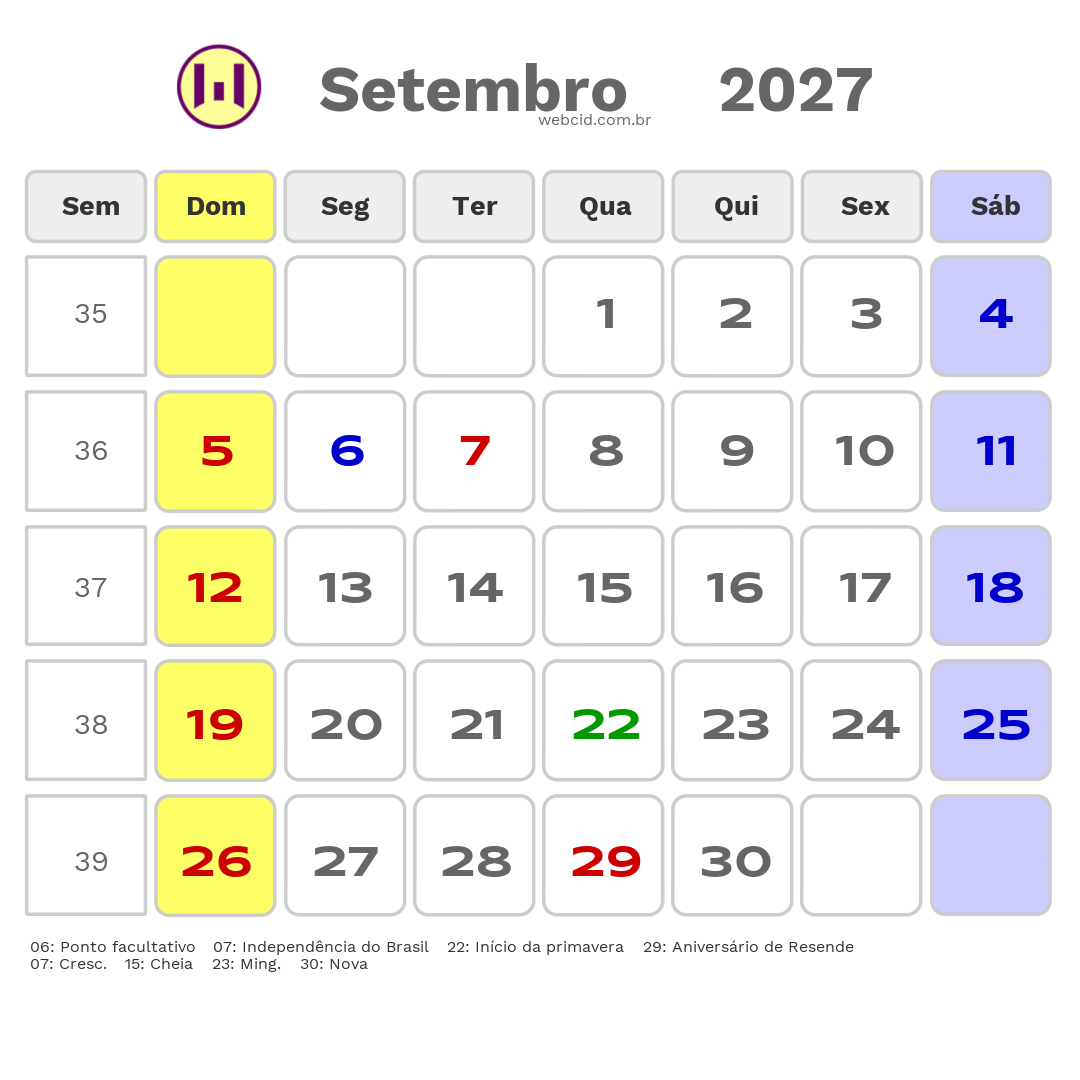 Calendário 2027 - Setembro - Resende-RJ com feriados e fases da lua