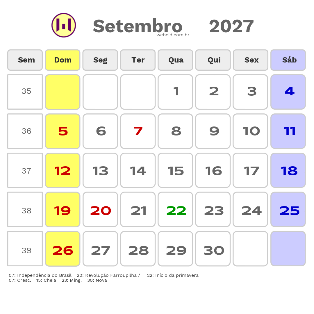 Calendário 2027 - Setembro - Nova Prata-RS com feriados e fases da lua