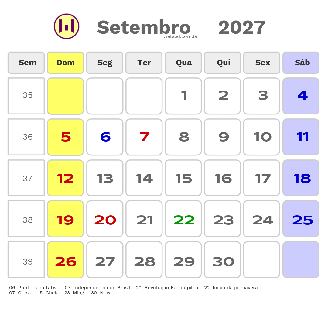 Calendário 2027 - Setembro - São Leopoldo-RS com feriados e fases da lua