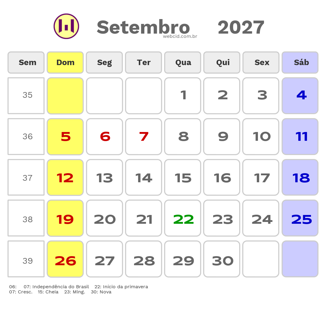 Calendário 2027 - Setembro - Balneario Rincão-SC com feriados e fases da lua